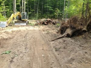 Excavator pulling stumps while clearing a building lot